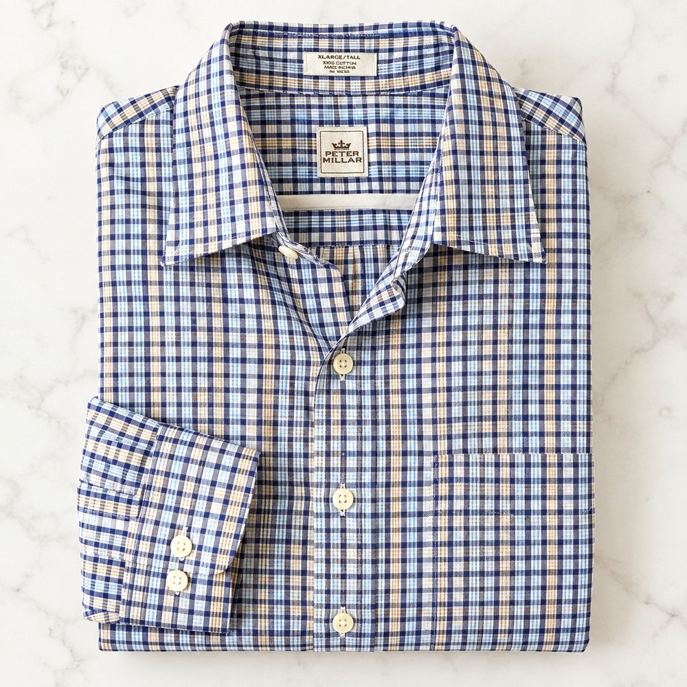 Peter Millar Shirt Mens XL Tall Blue Tan Plaid Cotton Button Down Long Sleeve